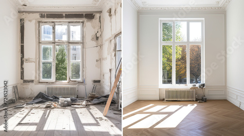 Renovated rooms with spacious windows and heating systems, both before and after the restoration process. Examination of the differences between an old apartment and a newly renovated residence.	 photo