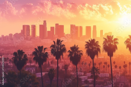 Palm trees and buildings in Los Angeles at sunset