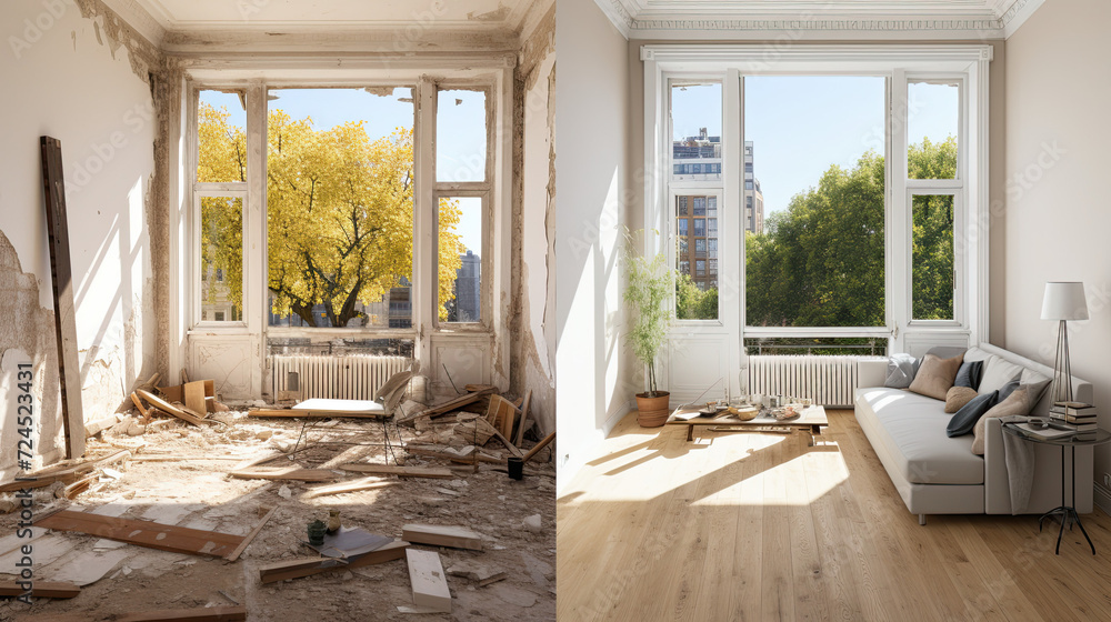 Renovated rooms with spacious windows and heating systems, both before and after the restoration process. Examination of the differences between an old apartment and a newly renovated residence.	 - obrazy, fototapety, plakaty 