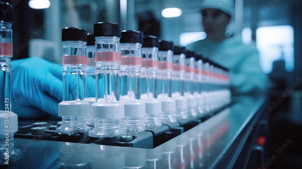 Pharmaceutical factory with conveyor of glass bottles and ampoules. Closeup image of glass ampules. Pharmaceutical factory with conveyor of glass bottles and ampoules. Closeup image of glass ampules.