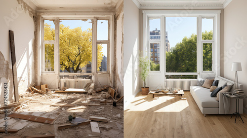 Renovated rooms with spacious windows and heating systems, both before and after the restoration process. Examination of the differences between an old apartment and a newly renovated residence.	 photo