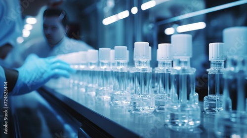 Pharmaceutical glass ampoules production line. Scientist inspects medicine bottles.