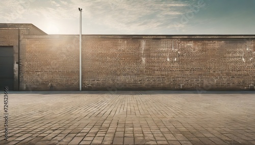 industrial backdrop empty grungy urban street and brick wall of a warehouse photo