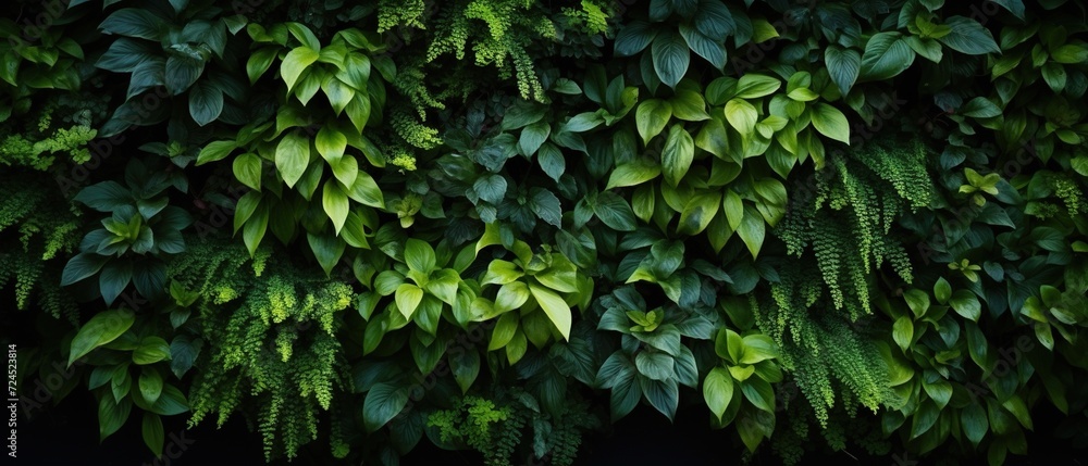 Wall covered in green leafs. Green plant wall. Foliage pattern for background. - obrazy, fototapety, plakaty 
