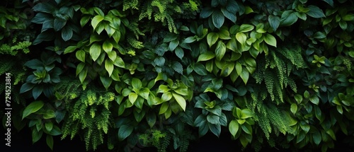 Wall covered in green leafs. Green plant wall. Foliage pattern for background.
