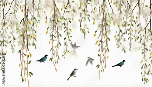 willow branches hanging from above with birds on a white background wallpaper murals and wall paintings for interior printing © Wendy