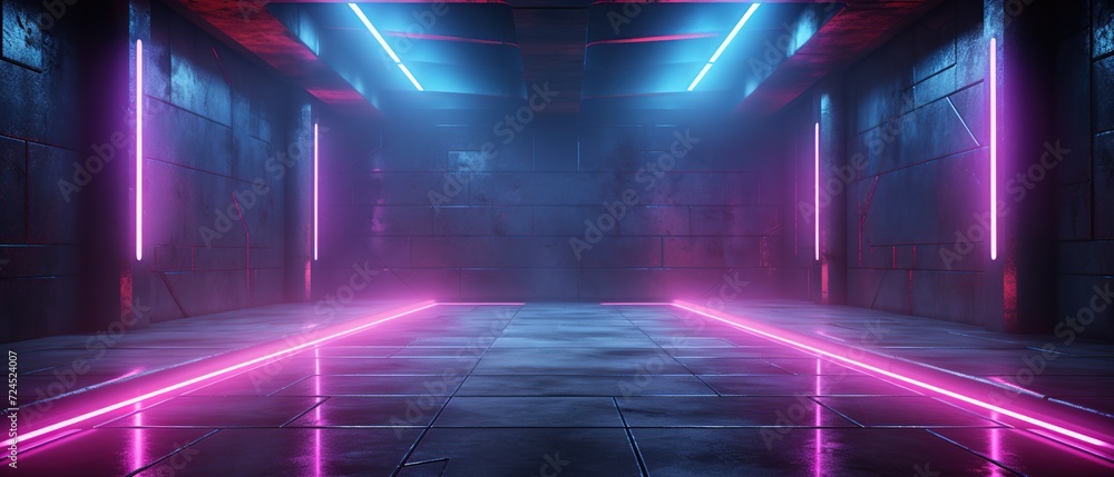 Empty garage with neon lights. empty interior with concrete walls and neon lights. Abstract garage.