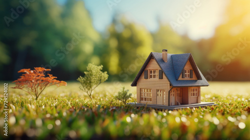 A model of a new home on a cozy green lawn serves as the background for a real estate market presentation, generative AI