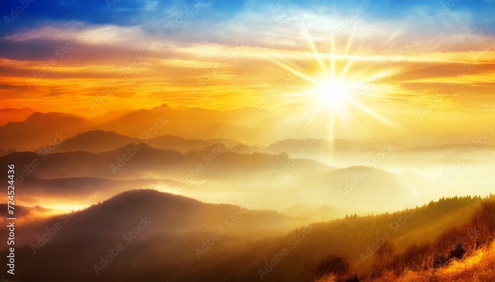 natural fog and mountains sunlight background blurring misty waves warm colors and bright sun light christmas background sky sunny color orange light patterns abstract flare evening on clouds blur