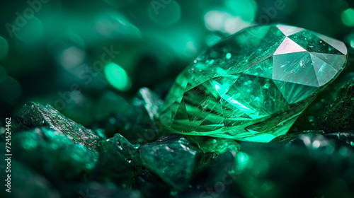 A mesmerizing close-up of a sparkling emerald, showcasing its rich green hues and intricate facets