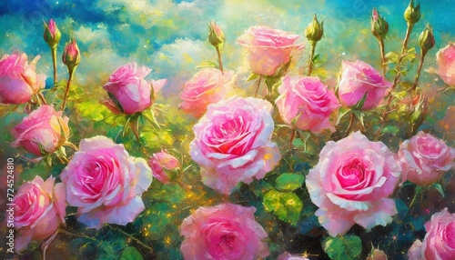 mesmerizing sea of pink roses adorned with glittering whispers evoking an ethereal landscape of floral splendor