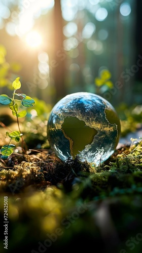 Earth globe in nature, wild life, ecology, tiny planet, forest, moss, earth ball on the ground, dirt, protecting the earth, plant a tree, back to nature, CSR, human impact on, Generative AI 