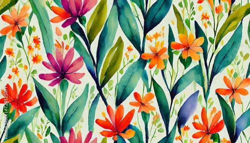 watercolor floral seamless pattern in cute childish style colored garden background hand painting print with abstract flowers leaves and plants design texture photo