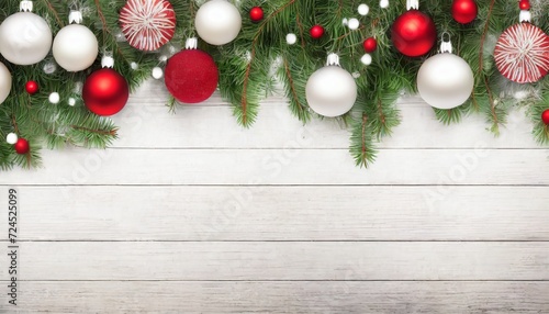 classic christmas composition with fir branches and white and red baubles on white wooden background noel banner for website