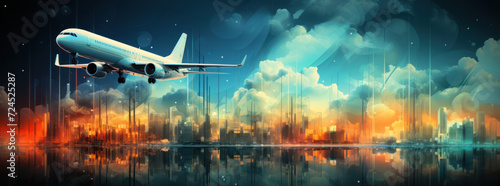 An illustration of a taking-off airplane against the backdrop of a beautiful sky, generative AI