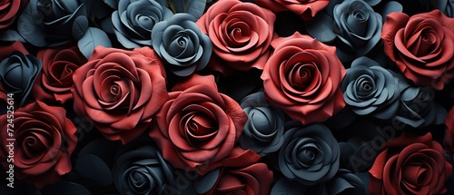 Top view of fresh black roses. Black rose background pattern. Closeup photo of black roses.