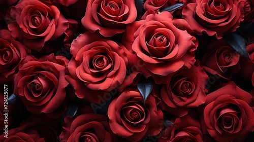 Red rose pattern. Top view photo of red roses. Horizontal photo of fresh red roses. Floral pattern.