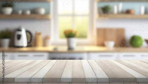 empty tabletop over defocused kitchen with copy space