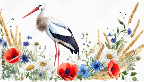 watercolor stork bird and wildflowers with poppy cornflower chamomile rye and wheat spikelets wedding and baby shower invitation