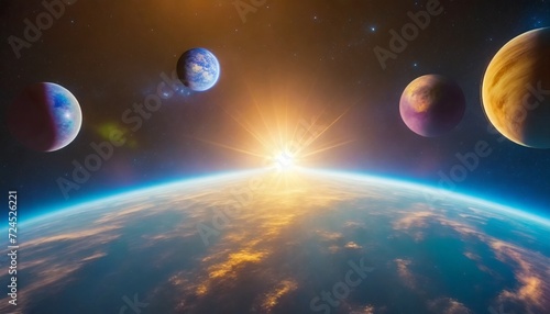 sunrise over group of planets in space