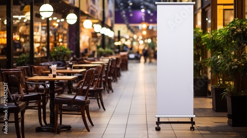 Empty white frame for commercials. Blank billboard in a shopping mall. Empty screen for marketing.