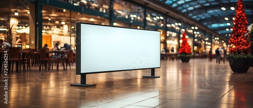 Wide angle photo of blank white frame in a shopping mall. Empty white banner for adds. Add billboard