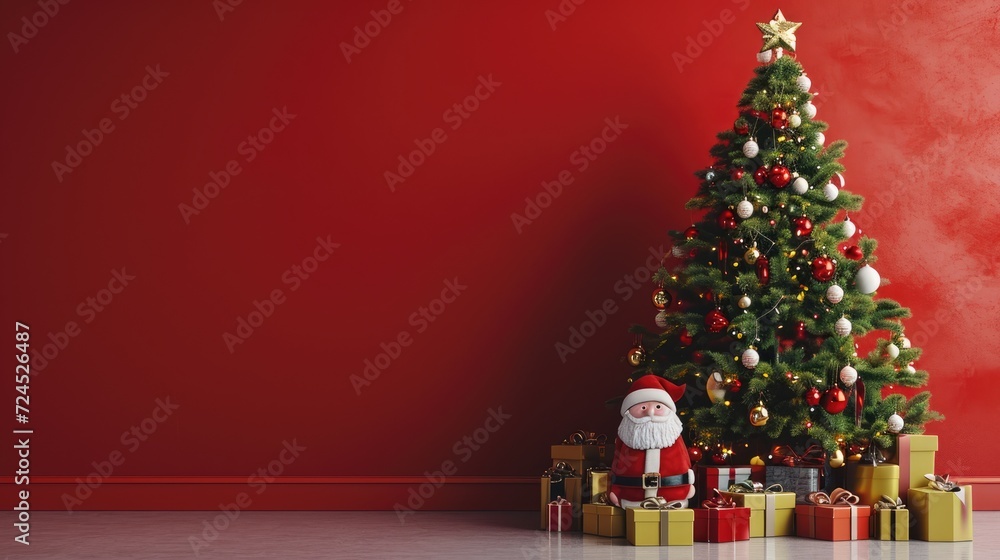Christmas tree on the background of a red empty wall