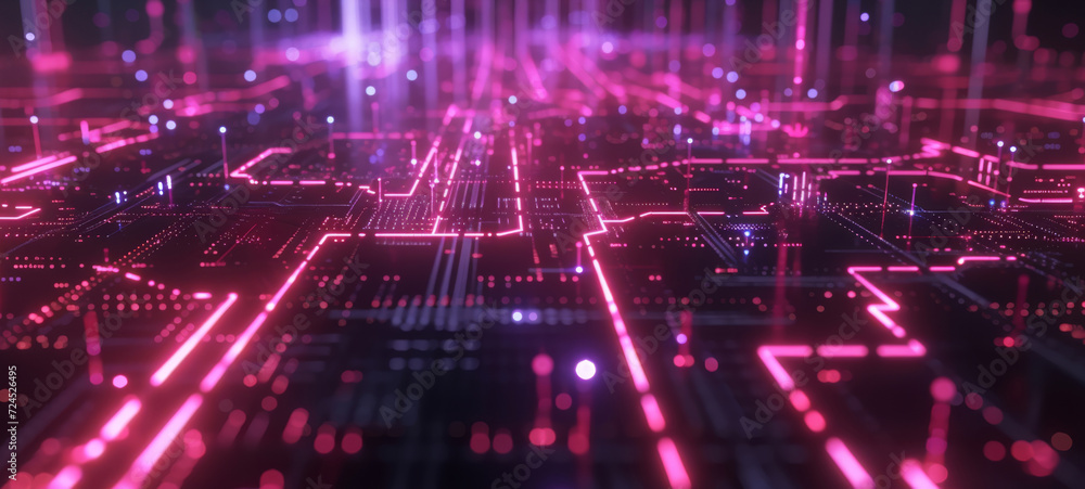 A dynamic view of purple and red glowing digital circuitry with nodes and lines, suggesting high-speed data transfer A dynamic view of purple and red glowing digital circuitry with nodes and lines, suggesting high-speed data transfer