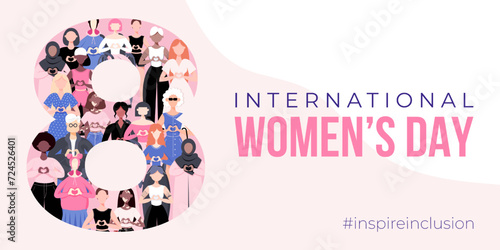 International Women's Day banner, backround, poster. Inspire inclusion 2024 campaign. Group of women of different ethnicity, age, body type, hair color vector illustration in flat style. photo