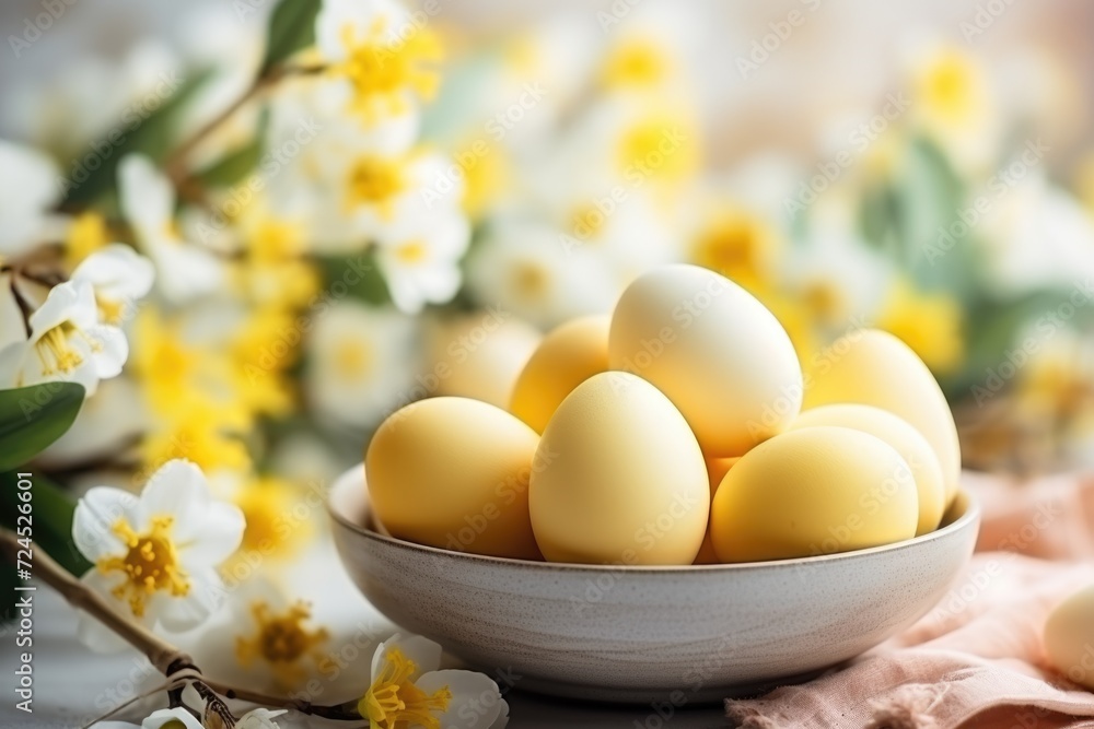 Easter spring table setting decoration, eggs in nest, fresh yellow tulips, ai generated Easter spring table setting decoration, eggs in nest, fresh yellow tulips, ai generated