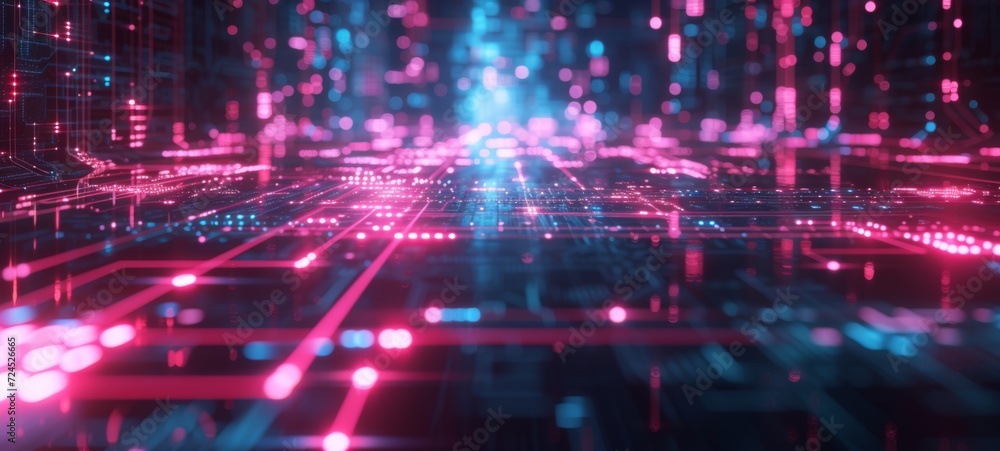 A vivid display of cybernetic space with neon pink and blue lights streaming across digital circuitry, creating a sense of rapid data movement A vivid display of cybernetic space with neon pink and blue lights streaming across digital circuitry, creating a sense of rapid data movement