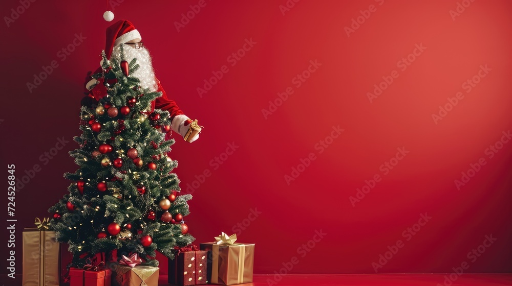 Christmas tree on the background of a red empty wall