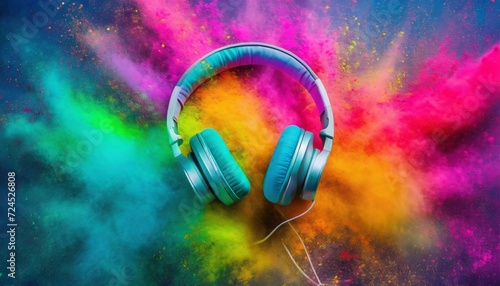 headphone and vivid color powder creative music and festival concept 