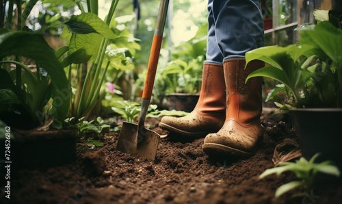 Spade Shovel and Boots Digging Gardening Concept