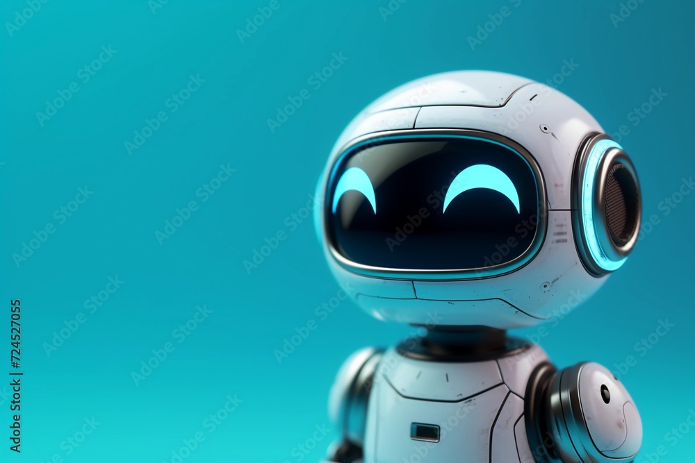 White Robot Character. Chatbot GPT Mascot. Solid Blue Minimalist Banner For Futuristic Technology Themes with Copy Space. White Robot Character. Chatbot GPT Mascot. Solid Blue Minimalist Banner For Futuristic Technology Themes with Copy Space.