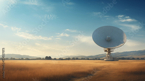an old radio telescope in a field with blue sky photo