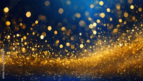 abstract background gold foil texture holiday concept with dark blue and gold particle christmas golden light shine particles bokeh on navy blue background © Wendy