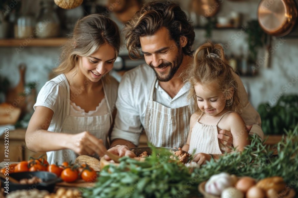 Happy family cooking together in a cozy kitchen