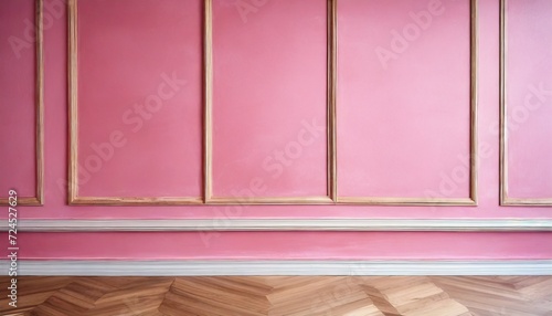 composition of wood moulding in classic detail installed on pink painted wall background image texture