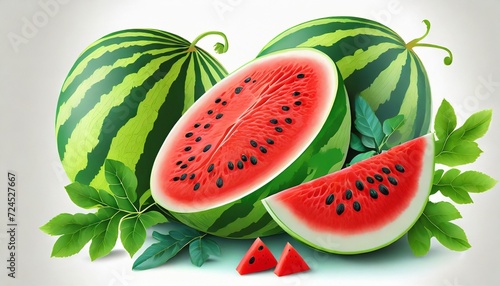 watermelon fruit with cut down half and sliced and leafe photo