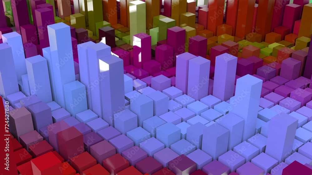 Fototapeta premium Geometrie - farbige Quader - Skyline - Architektur, Perspektive, Flächen, Formen, Winkel, Körper, Symmetrie, Rendering
