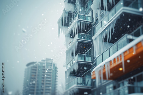 An imposing modern apartment complex is transformed into a glacial fortress under the weight of the heavy snow and ice.