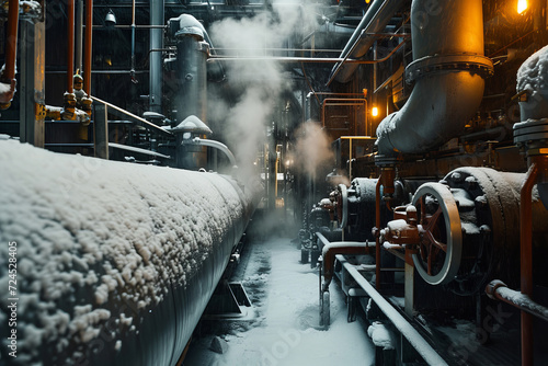An industrial boiler room covered in snow and complex piping emitting steam, conveying a feeling of cold yet functional warmth.