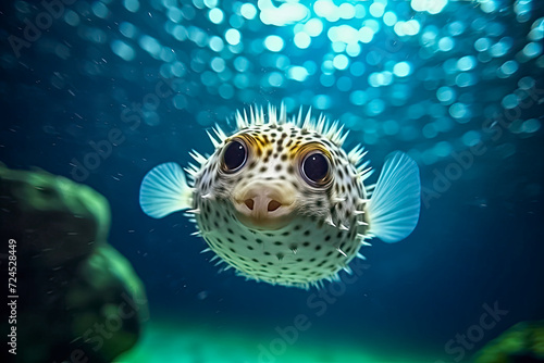 Aufgeblasener Kugelfisch schwimmt im Meer, Unterwasser, Generative AI