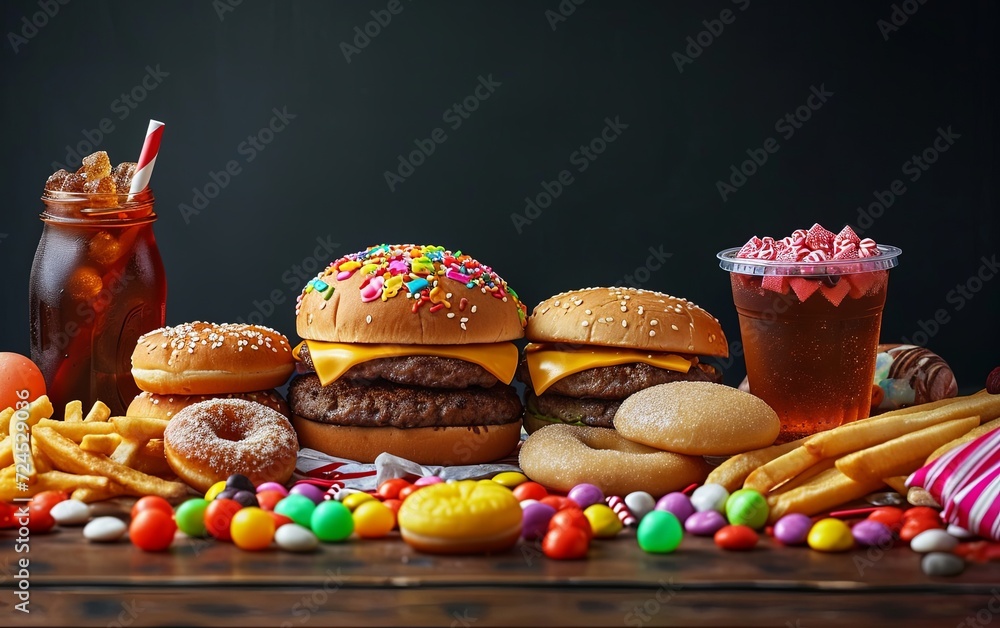 Unhealthy food lineup: hamburger, soda, sweets, candies, donuts, and fries