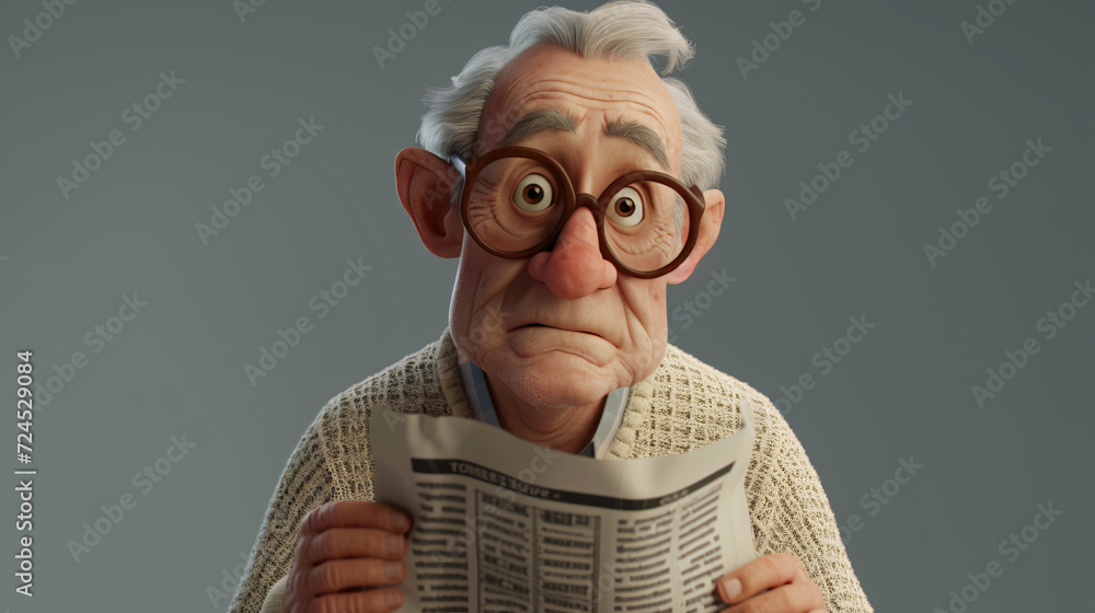 Cheerful cartoon senior man wearing a cream cardigan while reading a newspaper. This vibrant 3D illustration captures the essence of relaxation and wisdom in a delightful headshot. - obrazy, fototapety, plakaty 
