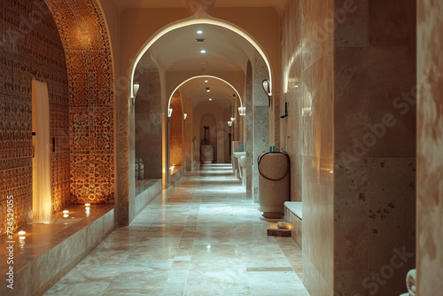 The traditional Turkish hammam experience, with a focus on the wooden scrubbing and massage area, featuring characteristic round basins and authentic photo