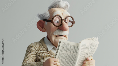 A charming and wise cartoon elderly man, wearing a cream cardigan, is engrossed in his newspaper in this delightful 3D headshot illustration. Perfect for portraying nostalgia, wisdom, and a photo