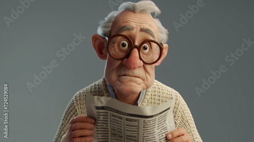 Cheerful cartoon senior man wearing a cream cardigan while reading a newspaper. This vibrant 3D illustration captures the essence of relaxation and wisdom in a delightful headshot. photo