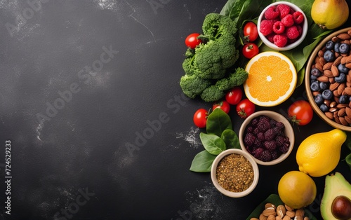 Healthy food clean eating selection: fruit, vegetable, seeds, cereal, leaf vegetable on gray concrete background